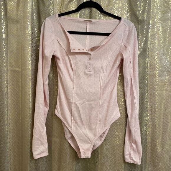 Free People Tops - Free People Pink Nectar Sloane Henley Long Sleeve Bodysuit, XS